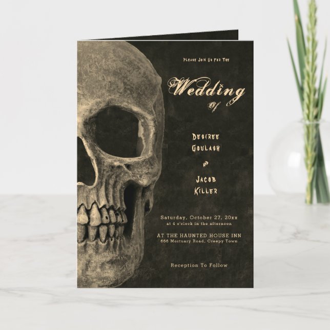 Gothic Half Skull Head Vintage Sepia Hallowedding Invitation (Front)