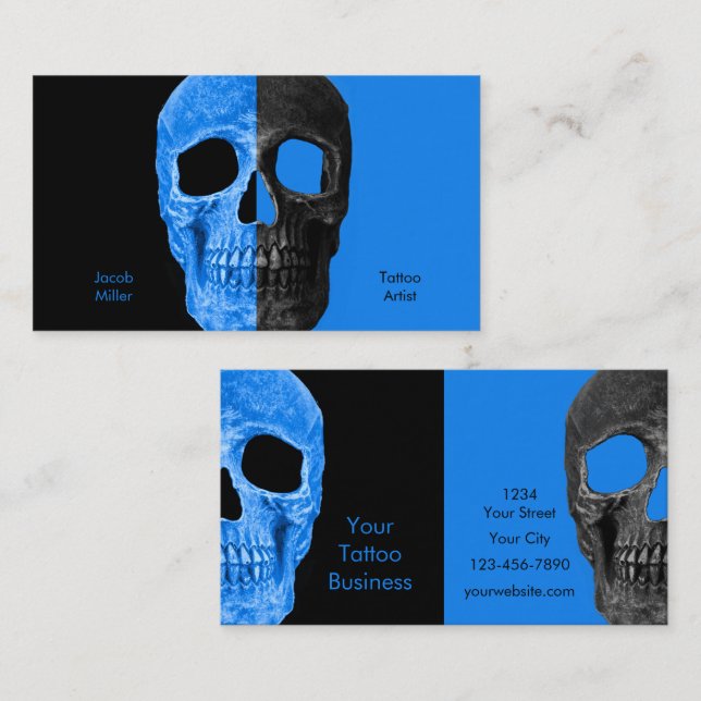 Gothic Half Skull Heads Black Blue Tattoo Shop Business Card (Front/Back)