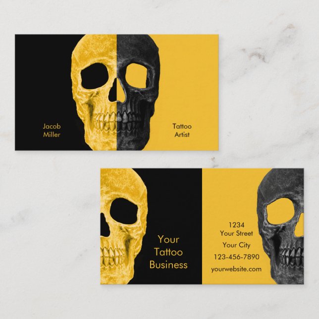 Gothic Half Skull Heads Yellow Black Tattoo Shop Business Card (Front/Back)