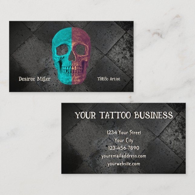 Gothic Half Skull Teal Black Tattoo Shop Business Card (Front/Back)