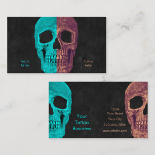 Gothic Half Skull Teal Brown Black Tattoo Shop Business Card