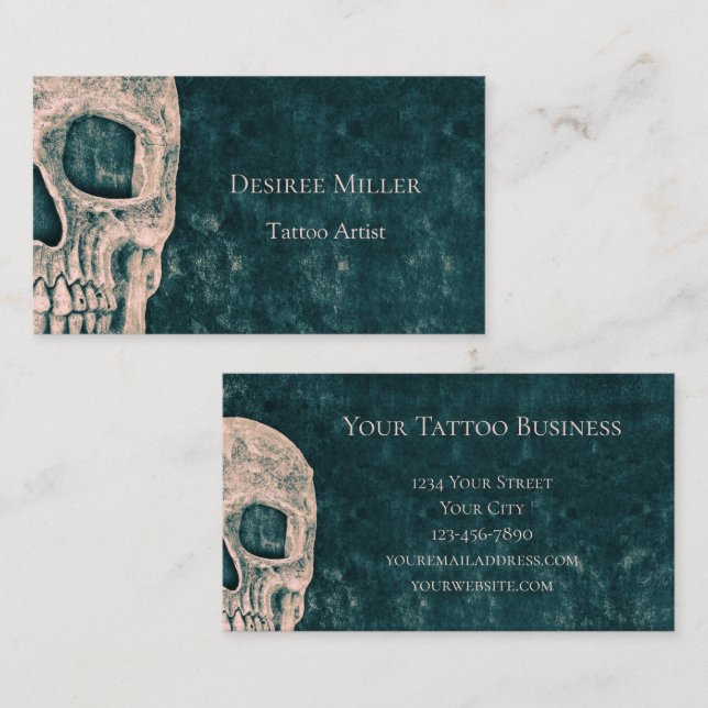 Gothic Half Skull Teal Green Beige Tattoo Artist Business Card (Front/Back)