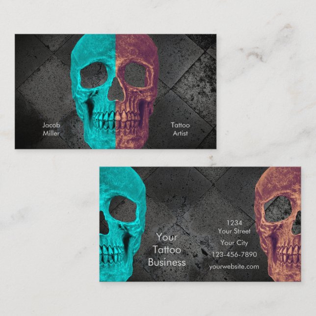 Gothic Half Skull Texture Teal Brown Tattoo Shop Business Card (Front/Back)