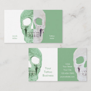Gothic Half Skulls Pastel Green White Tattoo Shop Business Card