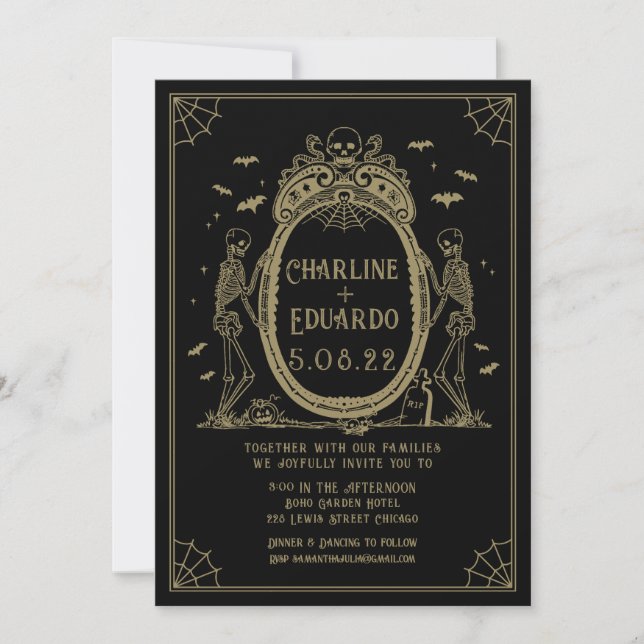 Gothic Hallowedding Gold Skeleton Wedding  Invitation (Front)