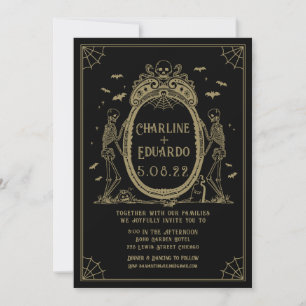 Gothic Hallowedding Gold Skeleton Wedding  Invitation