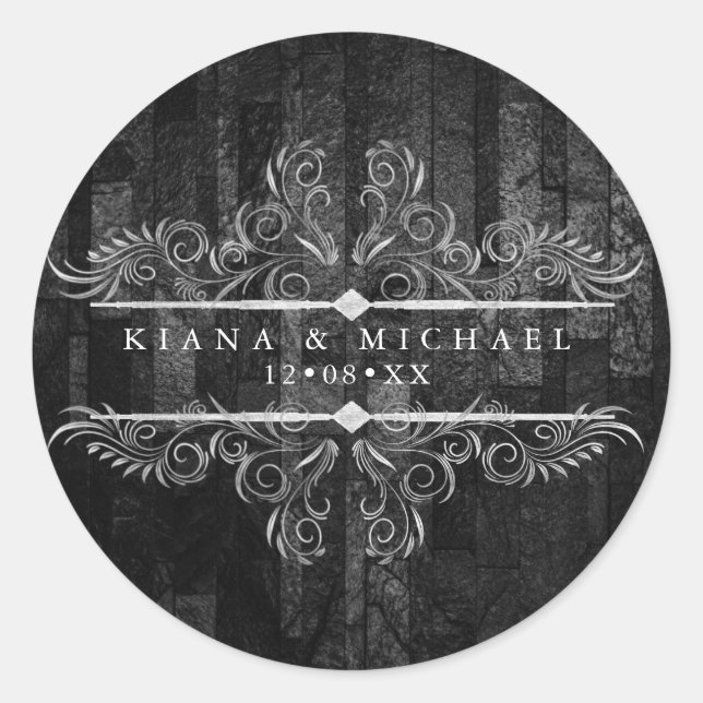 Gothic Hallowedding Scrollwork B&W ID866 Classic Round Sticker (Front)