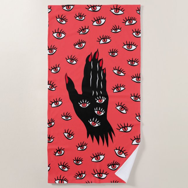 Gothic Halloween Art – Black Hand Spooky Eyes Beach Towel (Front)
