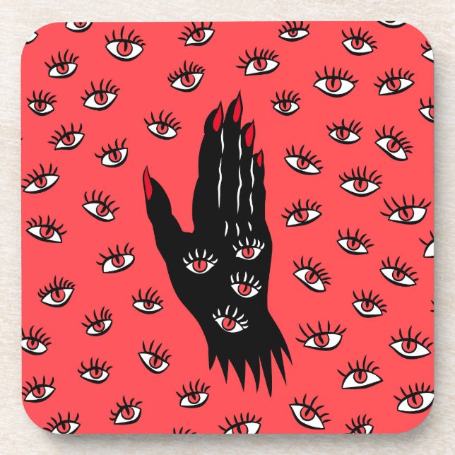 Gothic Halloween Art – Black Hand Spooky Eyes Coaster (Front)