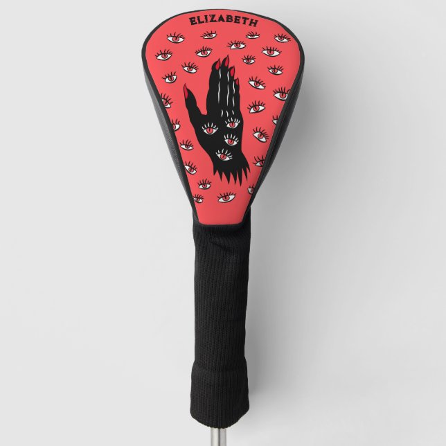 Gothic Halloween Art – Black Hand Spooky Eyes Golf Head Cover (Front)
