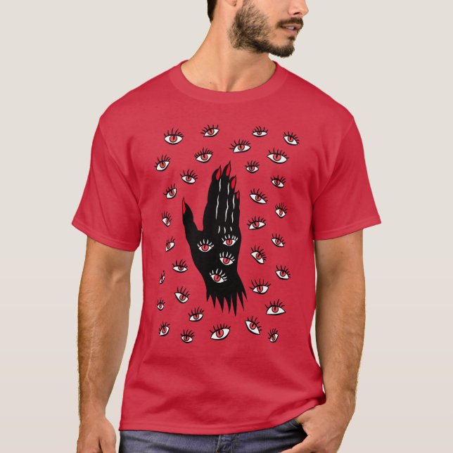 Gothic Halloween Art – Black Hand Spooky Eyes T-Shirt (Front)