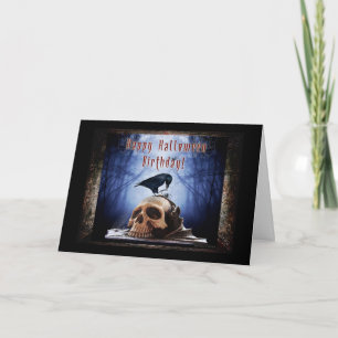 Gothic Halloween Birthday - Raven on Skull Card
