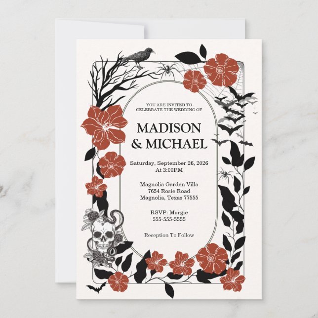Gothic Halloween Black And Burgundy Wedding  Invitation (Front)