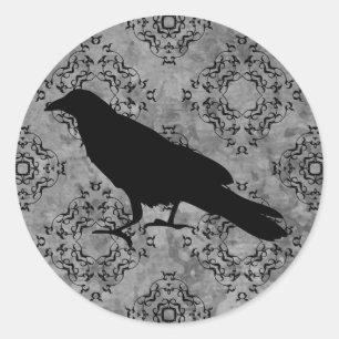 Gothic Halloween black crow raven on grey Classic Round Sticker