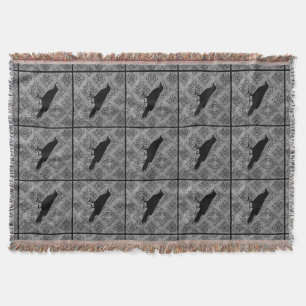 Gothic Halloween black crow raven on grey Throw Blanket