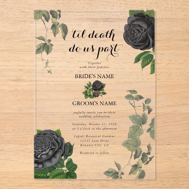 Gothic Halloween Black Roses Clear Wedding Acrylic Invitations (Front)