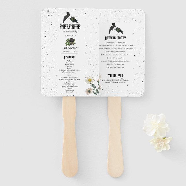 Gothic Halloween Black Roses Crows Wedding Hand Fan (Front and Back)