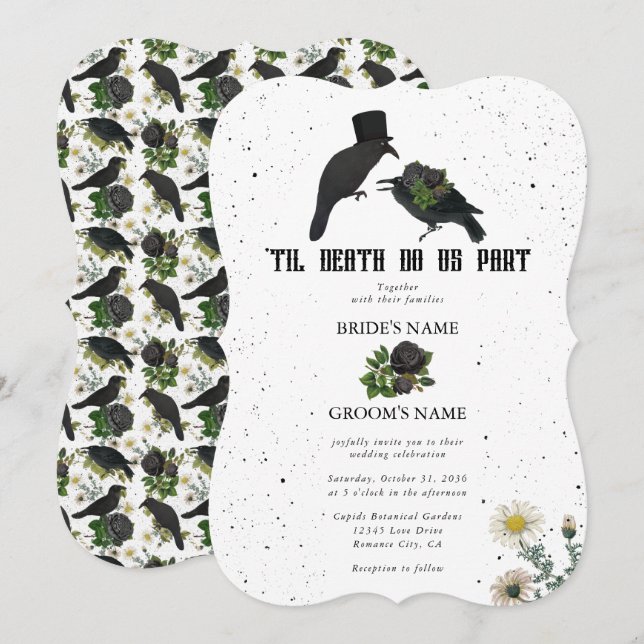 Gothic Halloween Black Roses Crows Wedding Invitation (Front/Back)