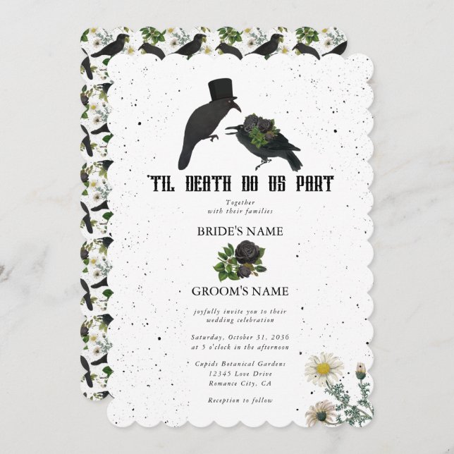 Gothic Halloween Black Roses Crows Wedding Invitation (Front/Back)