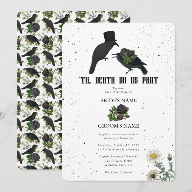 Gothic Halloween Black Roses Crows Wedding Invitation (Front/Back)