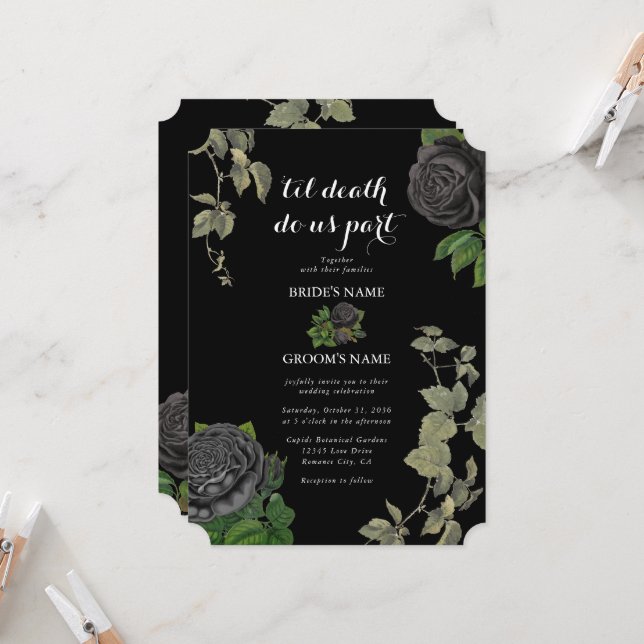 Gothic Halloween Black Roses Wedding Invitation (Front/Back In Situ)