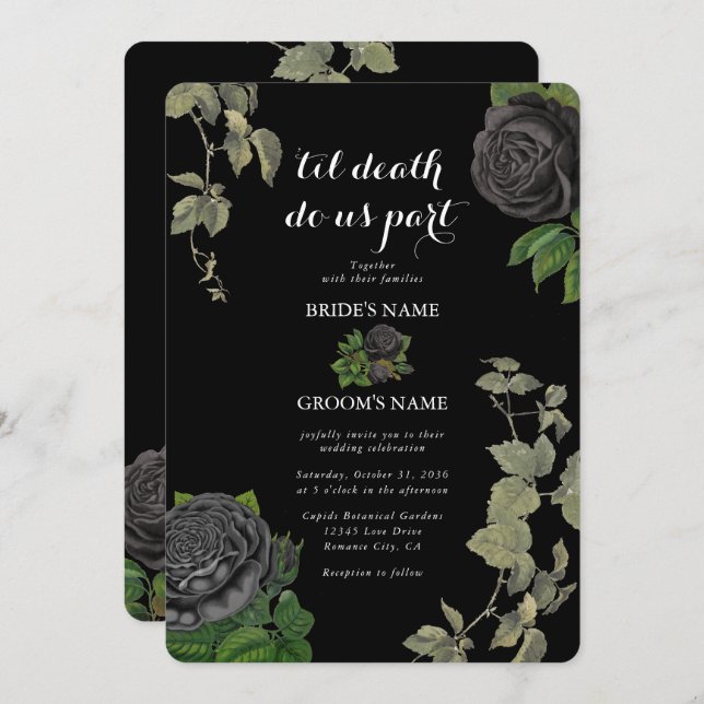 Gothic Halloween Black Roses Wedding Invitation (Front/Back)