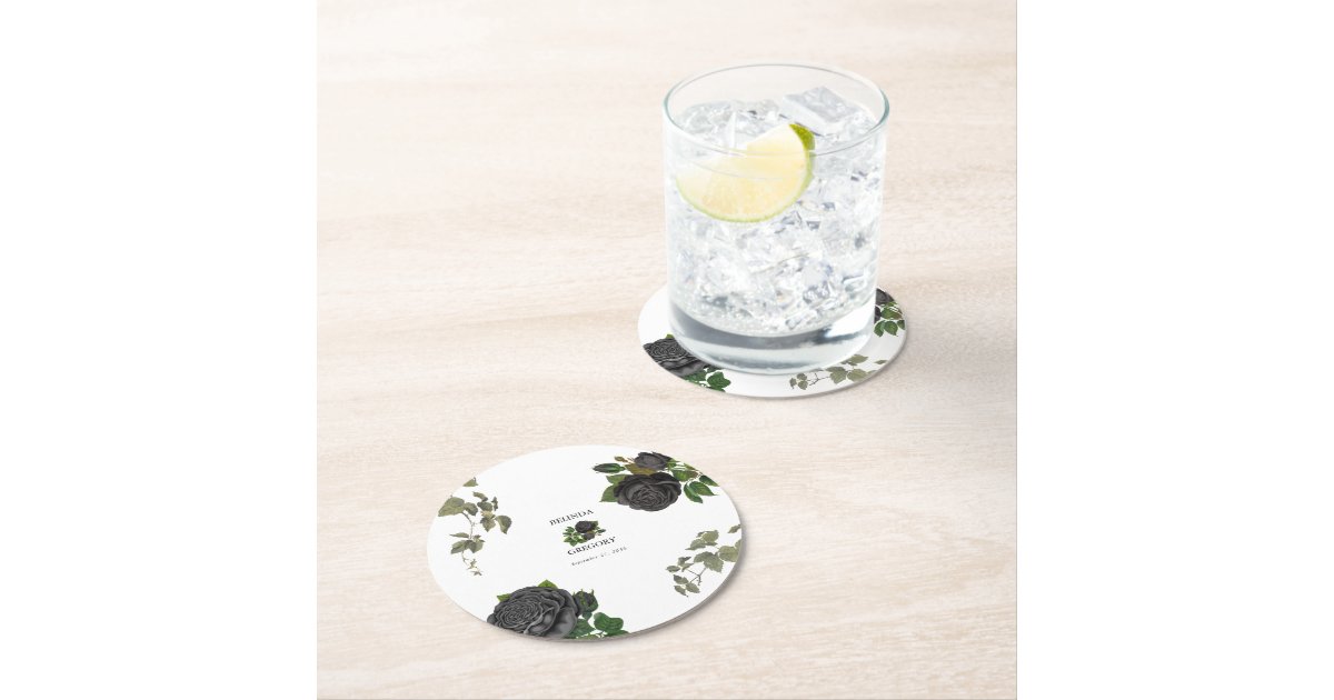 Gothic Halloween Black Roses Wedding Round Paper Coaster | Zazzle