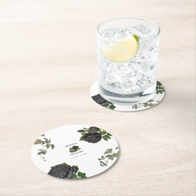 Gothic Halloween Black Roses Wedding Round Paper Coaster (Insitu)