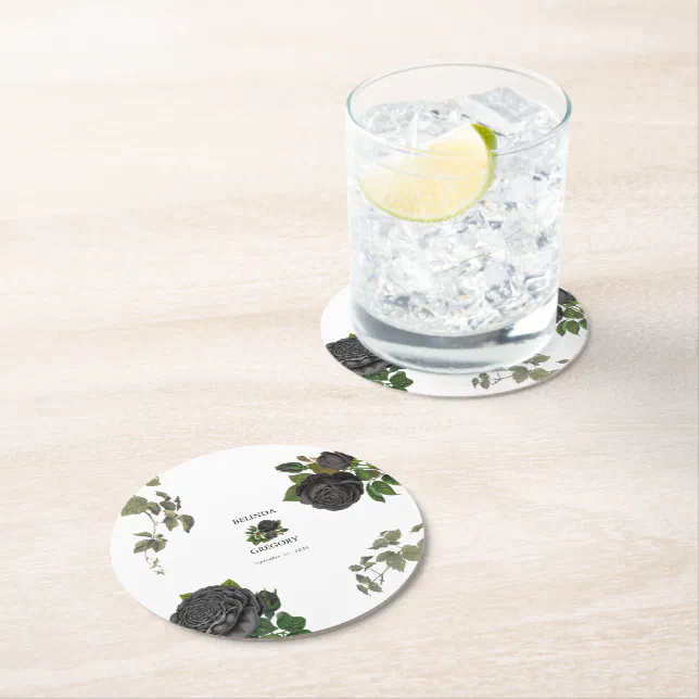 Gothic Halloween Black Roses Wedding Round Paper Coaster | Zazzle