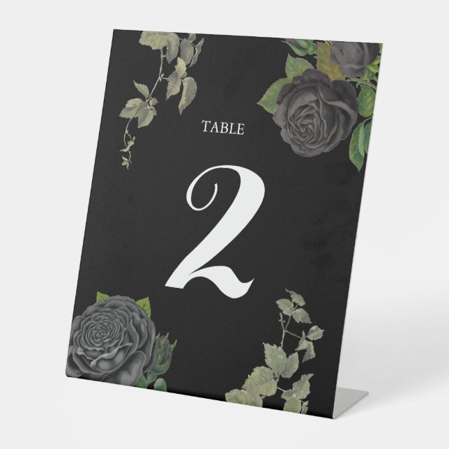 Gothic Halloween Black Roses Wedding Table Number Pedestal Sign (Front)