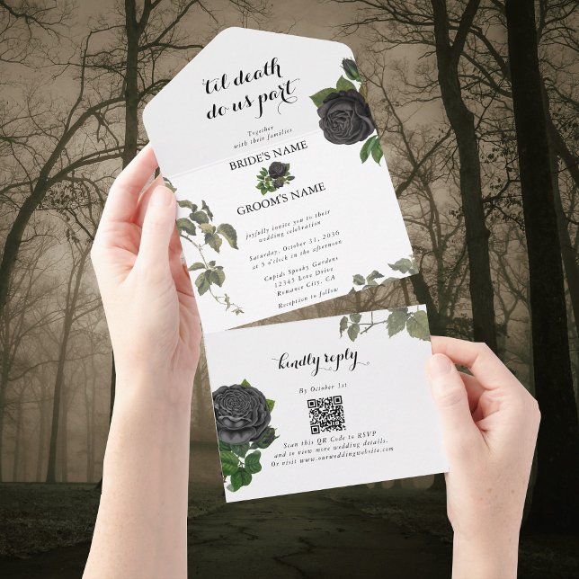 Gothic Halloween Black Roses White Wedding All In One Invitation (Gothic Halloween Black Roses White Wedding All In One Invitation)