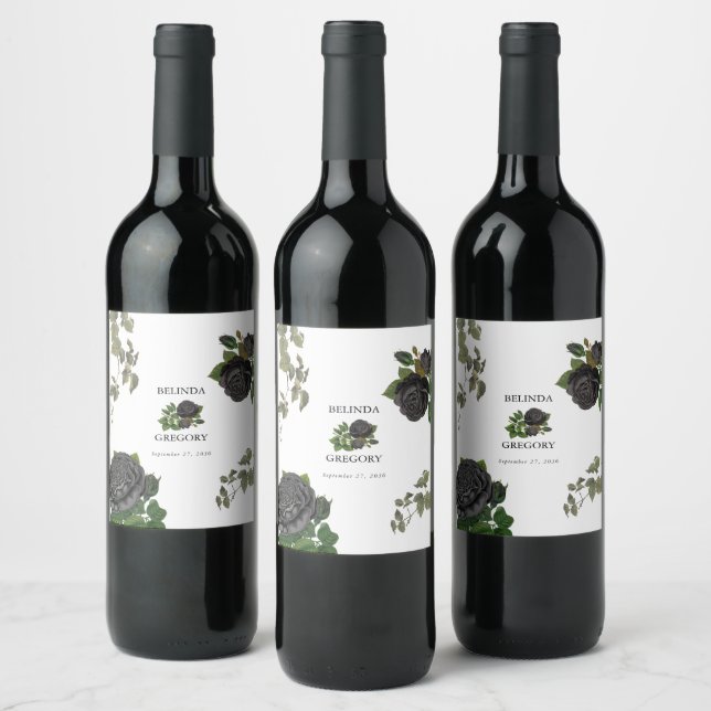 Gothic Halloween Black Roses White Wedding Wine Label (Bottles)