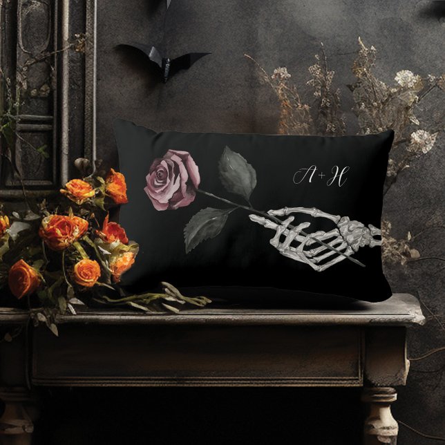 Gothic Halloween Black Wedding Skeleton Hand Rose Lumbar Cushion (Gothic Halloween Black Wedding Skeleton Hand Rose Lumbar Pillow)