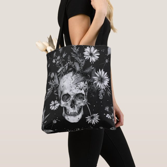 Gothic Halloween Botanical Skulls pattern Tote Bag (Close Up)