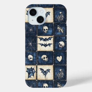 Gothic Halloween Denim Patchwork Pattern iPhone 15 Case