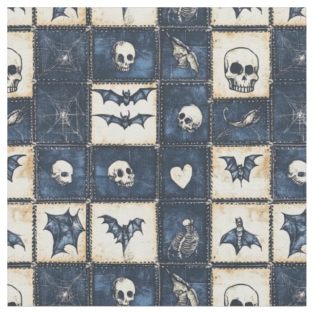 Gothic Halloween Denim Patchwork Pattern Fabric (Close Up)