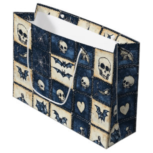 Gothic Halloween Denim Patchwork Pattern Large Gift Bag