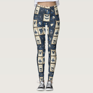 Gothic Halloween Denim Patchwork Pattern Leggings
