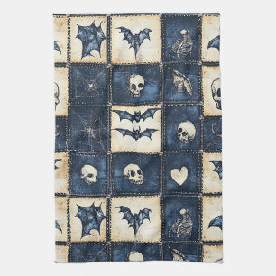 Gothic Halloween Denim Patchwork Pattern Tea Towel