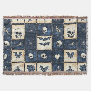 Gothic Halloween Denim Patchwork Pattern Throw Blanket