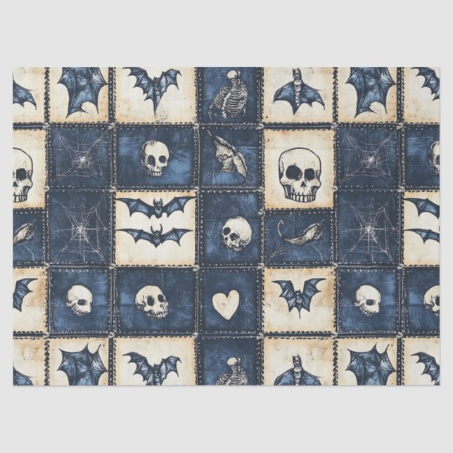 Gothic Halloween Denim Patchwork Pattern Tissue Paper (Front)