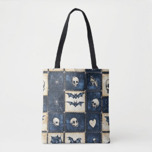 Gothic Halloween Denim Patchwork Pattern Tote Bag