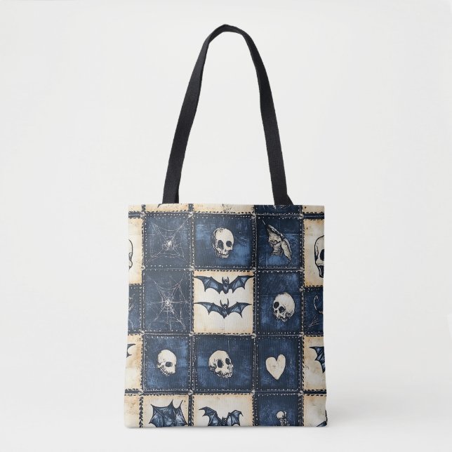 Gothic Halloween Denim Patchwork Pattern Tote Bag (Front)