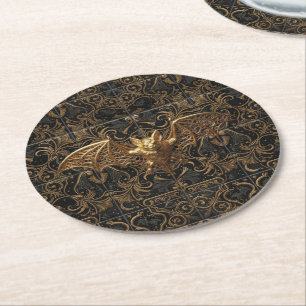 Gothic Halloween Drink Coaster Gold Bat Pattern