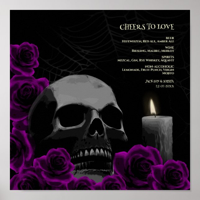Gothic Halloween Drinks Menu Sign Skull Roses (Front)