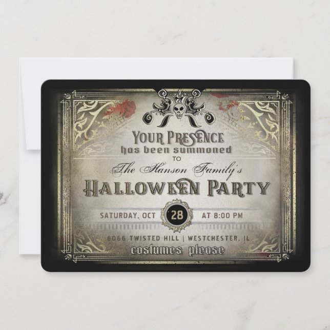 Gothic Halloween Elegance Party Black & Gold Skull Invitation (Front)
