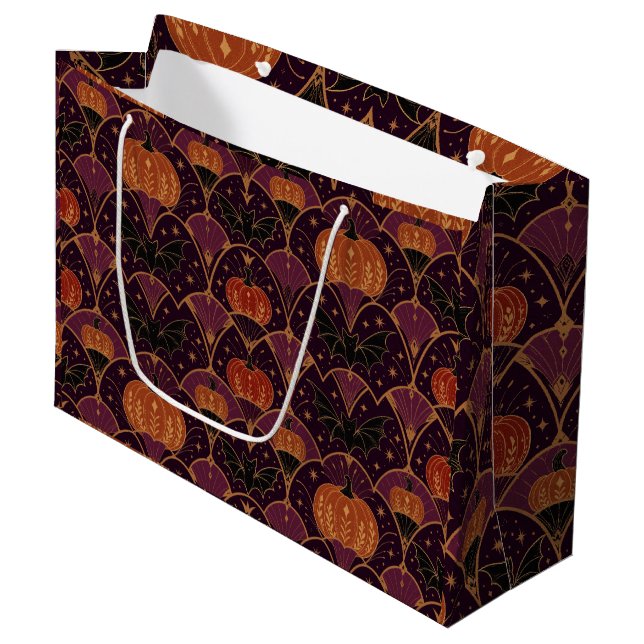 Gothic Halloween Gift Bag, Pumpkin & Bat Damask Large Gift Bag (Front Angled)