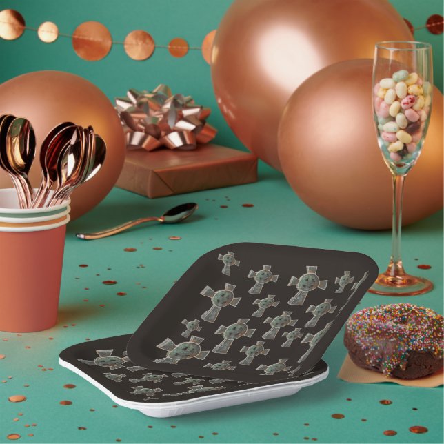 Gothic Halloween Graveyard Headstone Cross Drawing Paper Plate (Multi)