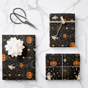 Gothic Halloween Jack-O-Lantern Ghosts & Bats Wrapping Paper Sheet