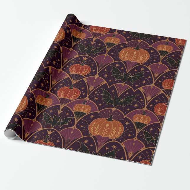 Gothic Halloween Pumpkin & Bat Damask Wrapping Paper (Unrolled)
